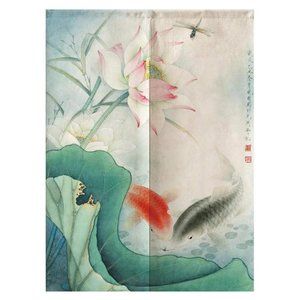 Pink Lotus Flowers Lilypads Dragonfly Koi Fish Japanese Noren Curtains Art New